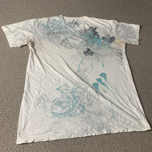 Archaic Mens‎ T-Shirt XL White Graphic Dragon Print Short Sleeves Cotton Stained - Picture 1 of 10